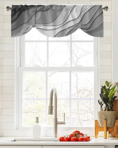 Vista 4 de Cenefa de amarre para ventanas, cenefa geométrica moderna gris con bolsillo para barra, tratamiento de ventana, cortinas cortas abstractas grises