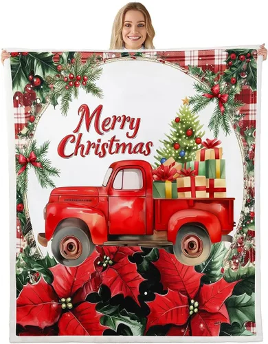 Vista 31 de Manta de cama Kawaii de Papá Noel, manta rústica de felpa con corona de Navidad para decoración rústica del hogar, manta de franela de flores rojas
