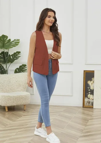 Vista 5 de YWS - Chalecos de moda para mujer, casual, sin mangas, con cuello en V, chaleco de lino y algodón