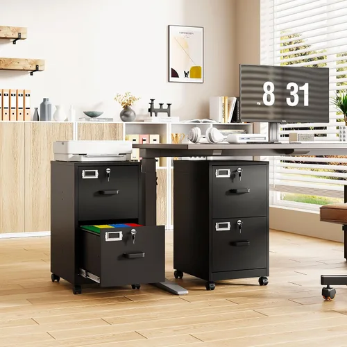 Vista 2 de Archivador de 2 cajones con cerradura, archivador vertical móvil para colgar carpetas tamaño A4/carta/legal, debajo del escritorio, pequeños