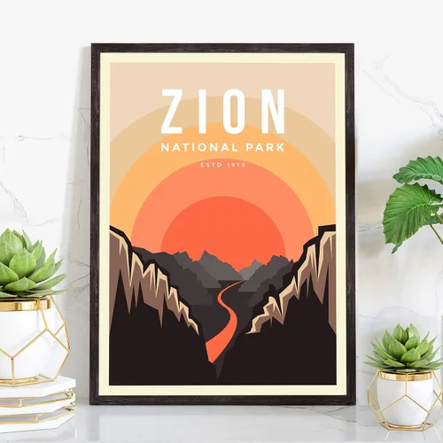 Vista 2 de Póster del Parque Nacional Zion, impresiones artísticas de pared de los parques nacionales Zion, póster de viaje retro de Utah, pósteres vintage