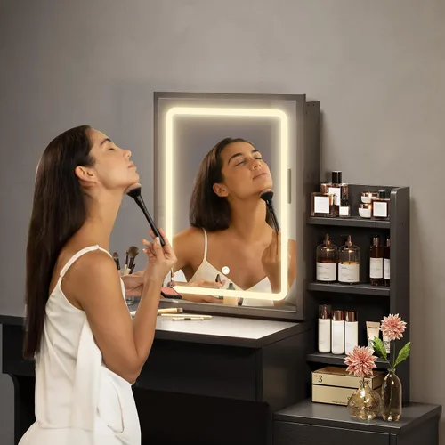 Vista 8 de Escritorio negro con espejo deslizante y luces, escritorio de maquillaje