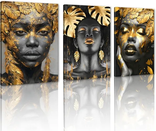 Vista 42 de MAMAGO Lienzo decorativo para pared, pintura de belleza dorada y negra, fotos de mujeres africanas, hermosos pósteres de mujer negra, impresiones