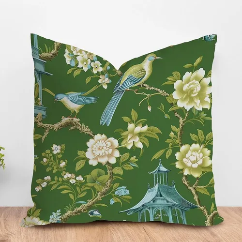 Vista 18 de ArogGeld Chinoiserie - Funda de cojín para sofá, diseño floral de peonía, color verde azulado, verde y rojo, diseño de peonía, diseño escénico