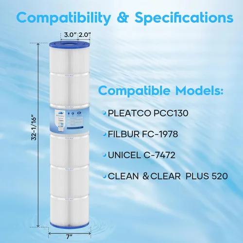 Vista 2 de Cartuchos de filtro de piscina CCP520 de repuesto para Pentair CCP520, PCC130, R173578, Unicel C-7472, Filbur FC-1978, FC-6475, 4 x 130 pies