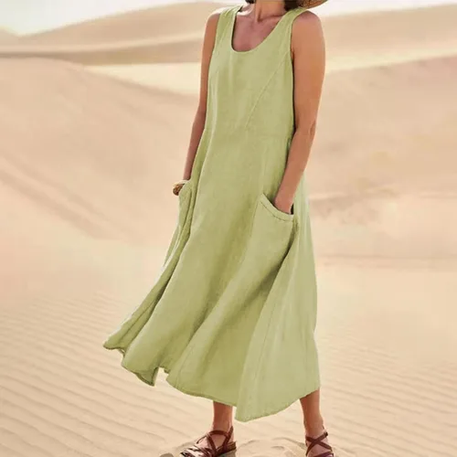 Vista 2 de Vestido largo para mujer, 2023, primavera, verano, algodón, lino, bohemio, casual, a la moda, sin mangas, para vacaciones