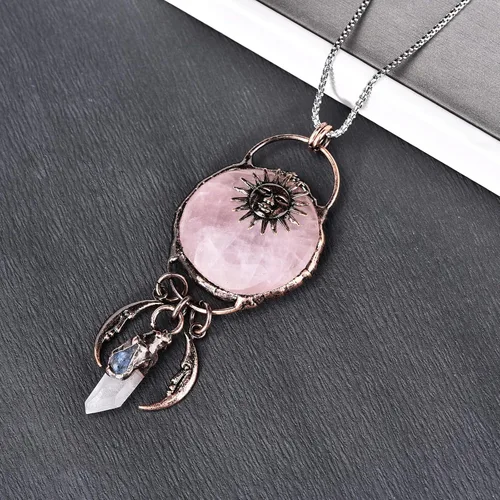 Vista 3 de Collar con colgante de cristal rosa, collar de piedras curativas de cobre, collar con colgante de piedras preciosas naturales, regalo para mujer
