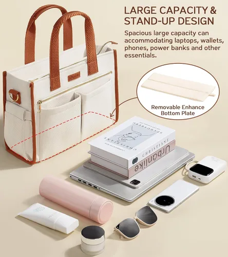 Vista 4 de Bolsa de lona para mujer, bolso cruzado grande de 15 bolsillos, bolsa para computadora portátil, bolsa con cremallera para profesores, trabajo