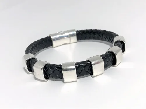 Vista 6 de Black Braided Leather and Silver Bracelet with Magnetic Clasp for Men and Women