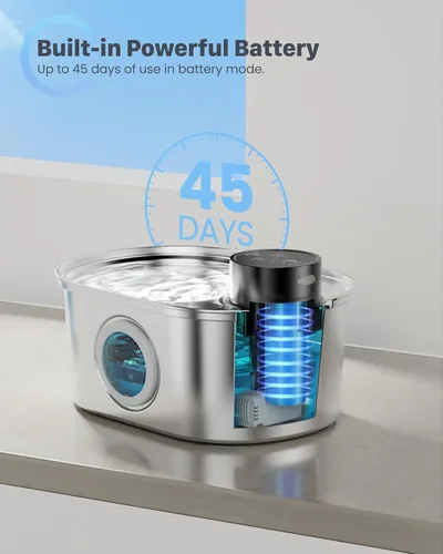 Vista 2 de Fuente de agua inalámbrica para gatos: fuente para mascotas de acero inoxidable operada por pilas, dispensador automático de agua inalámbrico