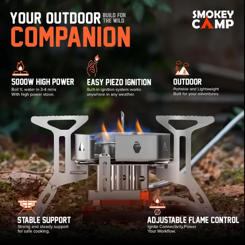 Vista 5 de Estufa de campamento de 5000 W, estufa de campamento resistente al viento con funda de transporte de encendido piezoeléctrico y 2 adaptadores