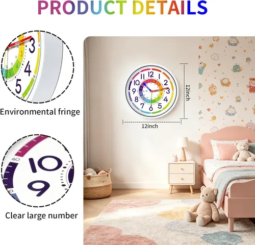 Vista 3 de Reloj de pared para niños, reloj de pared silencioso de 12 pulgadas para niños, reloj de pared decorativo de cuarzo silencioso sin tictac para aulas