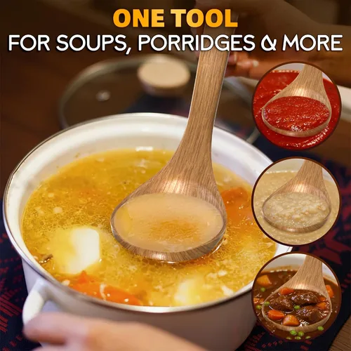 Vista 5 de 2 cucharones de madera para sopa, 2.7 onzas líquidas, suaves con utensilios de cocina antiadherentes Wooden Soup Ladle Set, 10.8 x 2.8 In