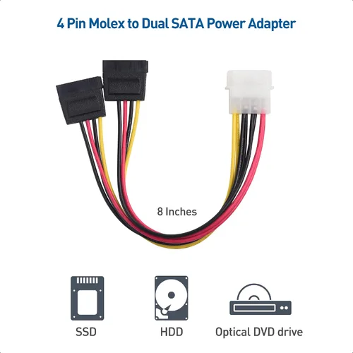 Vista 5 de Cable Matters Kit de cable de datos SATA III y cable de alimentación SATA con conector SATA3 recto y de 90 grados, adaptador divisor de alimentación