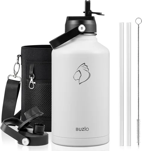 Vista 33 de BUZIO Botella de agua aislada de 24 oz, frasco de agua de boca ancha de acero inoxidable con tapa de pajita, frío durante 48 horas a prueba de Negro