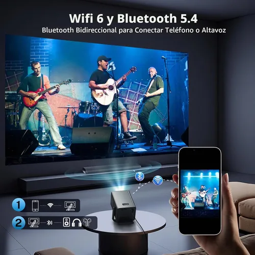 Vista 6 de [2000 ANSI luz diurna visible] Proyector de video inteligente nativo 1080P entrada 4K 8K, proyector portátil Android 14 con sonido HiFi, enfoque
