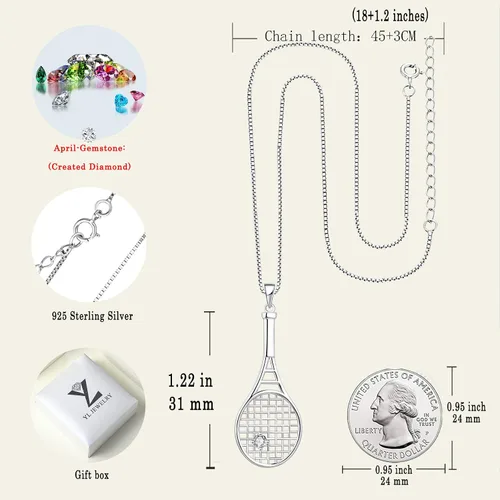 Vista 6 de YL Collar con colgante de raqueta de tenis de plata de ley 925 con piedras preciosas de amor, joyería deportiva para mujeres y hombres