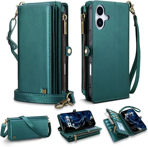 Vista 65 de Funda tipo cartera para iPhone 16 Pro Max con 8 tarjeteros, bloqueo RFID, piel sintética, función atril, abatible, correa de muñeca y correa