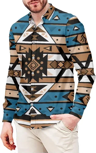 Vista 5 de Camisas aztecas con botones para hombre, vintage, nativo americano, patrón tribal nación, manga larga, camisa de talla grande para hombre