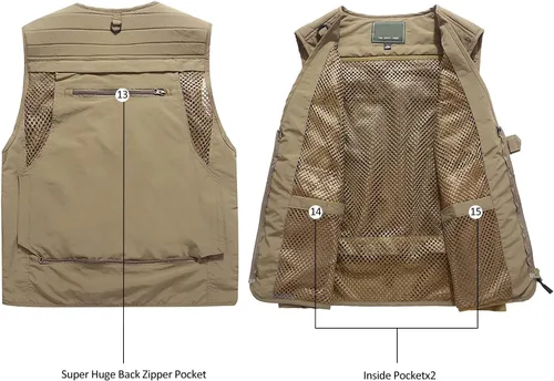 Vista 8 de Pishon - Chaleco de pesca para hombre de verano al aire libre, de secado rápido, informal, ligero, con varios bolsillos