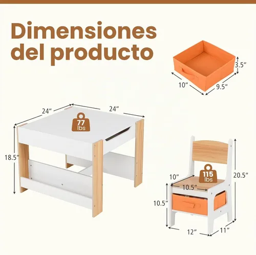 Vista 7 de INFANS Juego de Mesa y Silla para Niños, Escritorio de Actividades de Madera de Bloques de Construcción 4 en 1 con Superficie Reversible, Cajones