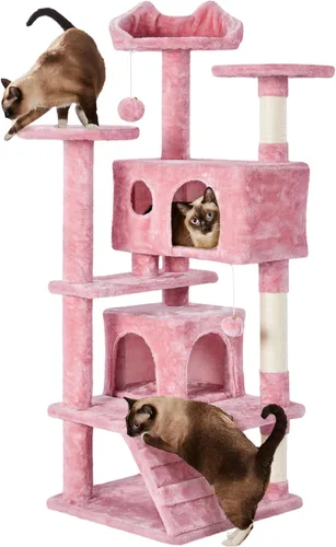 Vista 33 de Yaheetech - Torre de árbol para gatos de 62 pulgadas, torre para gatitos de interior, muebles para mascotas con doble refugio, postes para rascar
