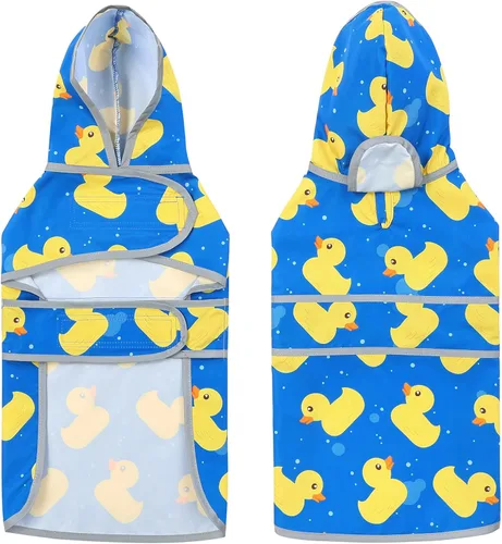 Vista 6 de Impermeable para perros pequeños y cachorros, chaqueta impermeable con capucha con tiras reflectantes, agujero para la correa y poncho de ajuste