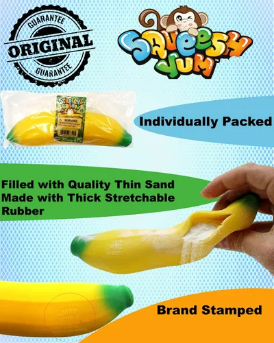 Vista 2 de JA-RU Juguete elástico de plátano (paquete de 4) – Juguete antiestrés de plátano esponjoso relleno de arena para niños, frutas esponjosas, juguete