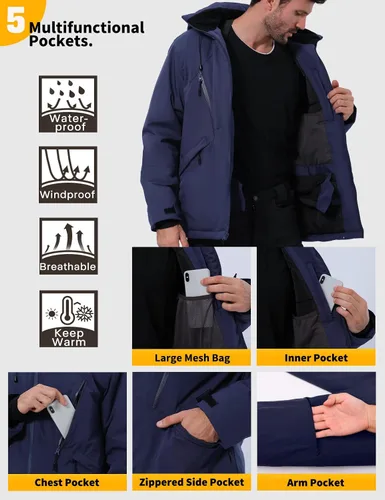 Vista 5 de GEMYSE Chaqueta de esquí para hombre, abrigo de nieve de invierno, impermeable, con capucha, aislante, resistente al viento, parka con múltiples