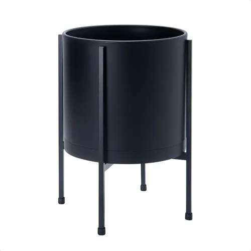 Vista 14 de D'vine Dev Maceta negra de 8 pulgadas con soporte, moderna maceta cilíndrica de plástico con soporte de metal resistente para plantas