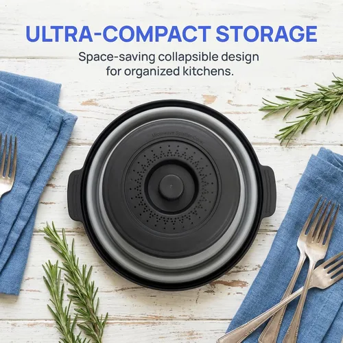 Vista 4 de Cubierta de alimentos para microondas con asa – Protector de salpicaduras de silicona plegable y ventilado con bandeja – Para microondas