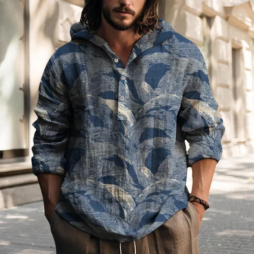 Vista 2 de Sudadera con capucha para hombre, con estampado de plumas, manga larga, 3 botones, a la moda, casual, para otoño, cómoda y suave