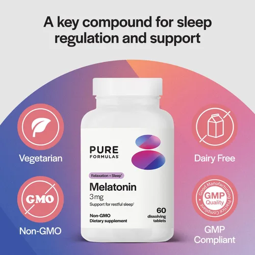 Vista 3 de PureFormulas - Melatonina 3 mg - Apoya los ritmos circadianos, el sueño reparador y la relajación - Melatonina pura 300 mcg Antioxidante Sin Soja