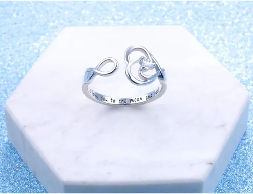 Vista 4 de Joyería de plata de ley 925 grabado I Love You To The Moon and Back Love Heart Open Ring