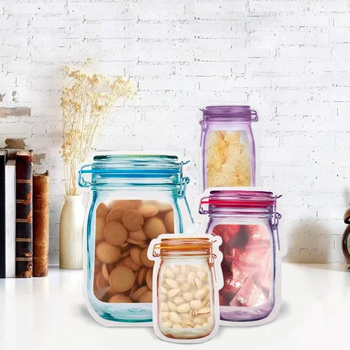 Vista 6 de Paquete de 18 bolsas reutilizables para refrigerios, con cremallera en tarro de masón, bolsas de almacenamiento a prueba de fugas para viajes