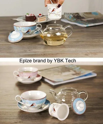 Vista 4 de Juego de té para uno, tetera de vidrio con infusor de porcelana y colador y taza y platillo, patrón de pájaro feliz (azul)