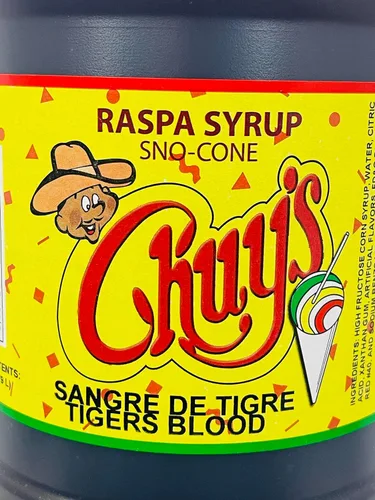 Vista 4 de Jarabe de cono de sangre de tigre 1 galón 128 onzas Raspa Sangre de Tigre Sabor Chuy's