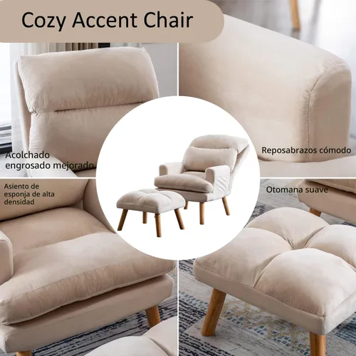 Vista 5 de INZOY Sillas Accent con Otomano, Sillón de Terciopelo Moderno con Respaldo Ajustable, Cómoda Silla de Salón para Sala de Estar Dormitorio, Crema