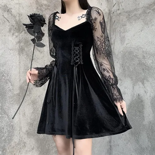 Vista 3 de Insgoth Vestido corto gótico Y2K para mujer, sexy, cuello en V, cintura alta, acampanado, vestido de fiesta de Halloween
