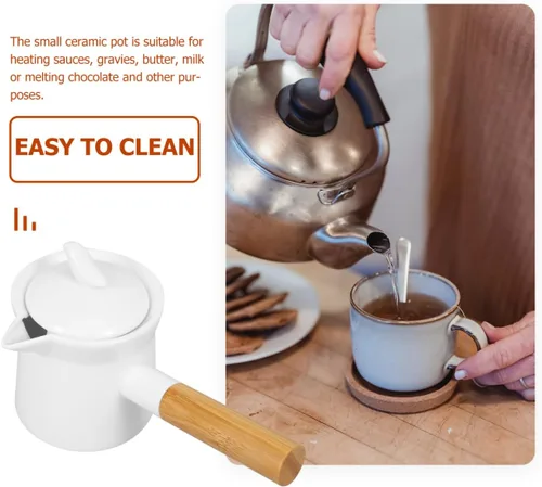 Vista 12 de Cabilock Crema de café de 11.8 fl oz de color blanco mini cafetera de cerámica con diseño de mango de madera para el hogar y la oficina