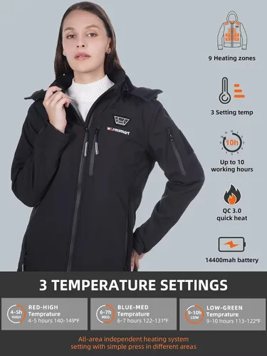 Vista 3 de Chaquetas térmicas para mujer con batería de 14400 mAh, abrigos térmicos con capucha desmontable a prueba de viento