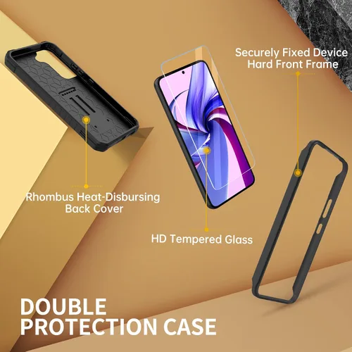 Vista 6 de FITO Funda para Samsung Galaxy S22, doble capa a prueba de golpes resistente para teléfono Samsung S22 5G con protector de pantalla, soporte Negro