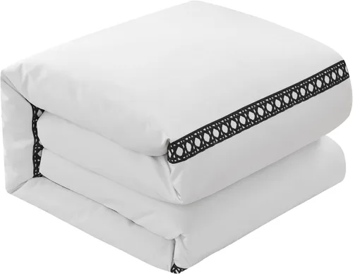 Vista 5 de Chic Home Lewiston - Juego de funda de edredón de mezcla de algodón de 3 piezas, 1500 hilos, color blanco sólido con detalles de costuras bordadas