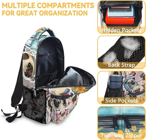 Vista 6 de GIHSWE Mochila de carlino para niñas y niños, mochilas de dibujos animados lindas de 16 pulgadas para niños y estudiantes, regalos para los amantes