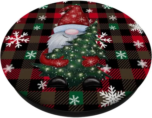 Vista 2 de Gnomos de Navidad rojo y negro búfalo tartán a cuadros PopSockets estándar PopGrip