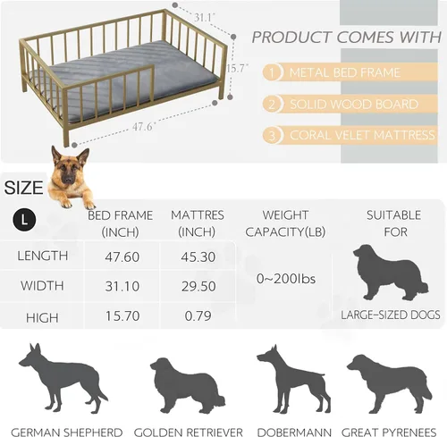 Vista 2 de OSCHF Cama para perros con rieles, marco de cama elevado de metal para mascotas con tablero de madera maciza y tapete suave lavable para perros
