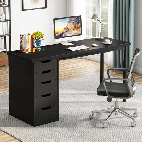 Vista 3 de Tribesigns Escritorio para computadora con 5 cajones, escritorio de oficina en casa de 47 pulgadas, color marrón rústico, con almacenamiento Negro