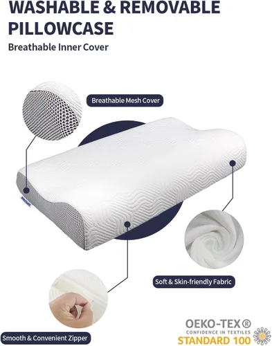 Vista 4 de Almohada de contorno de espuma viscoelástica para aliviar el dolor de cuello, almohada cervical ergonómica con 2 alturas, soporte ortopédico