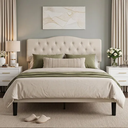 Vista 18 de VECELO Base de cama de plataforma de tamaño individual con cabecera tapizada de tela y soporte de listones de madera, no necesita somier/fácil Beige