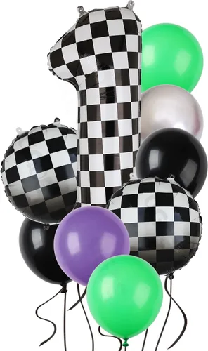 Vista 5 de Paquete de globos de auto de carreras azul y negro de 40 pulgadas, globo de números a cuadros 2 en blanco y negro, globos de látex para niños, dos